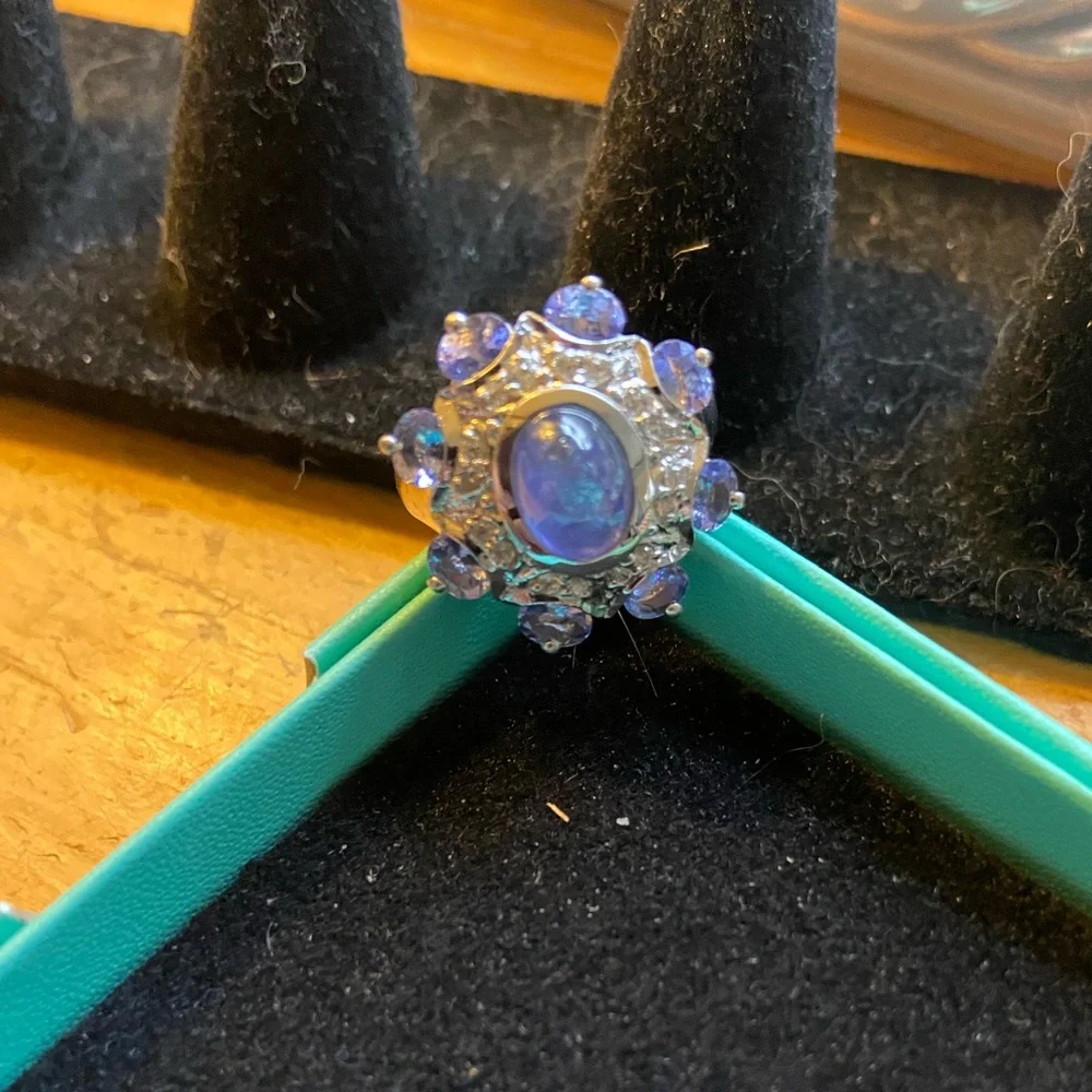 Sterling 925 Cabochon Tanzanite & Diamond Statement Cocktail Ring Size 7 - Picture 12 of 14